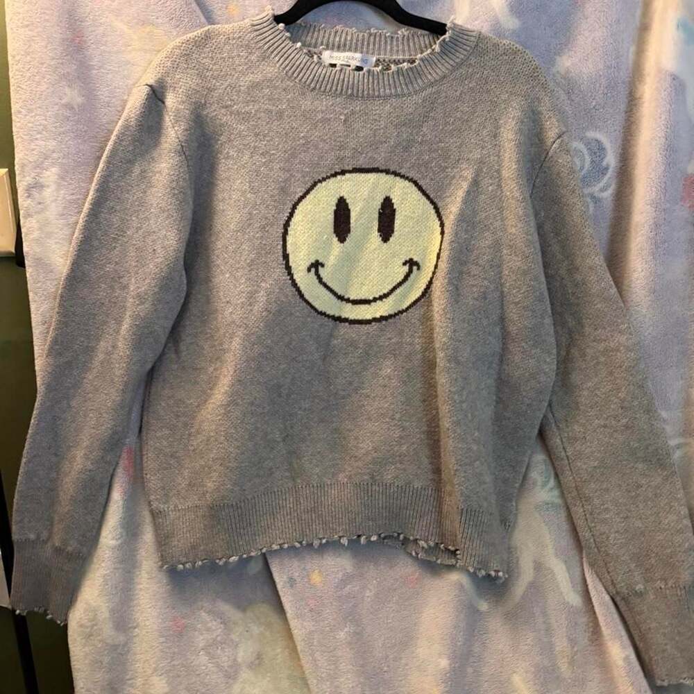 Miss Sparkling Smiley Face Distressed Sweater Gray XL